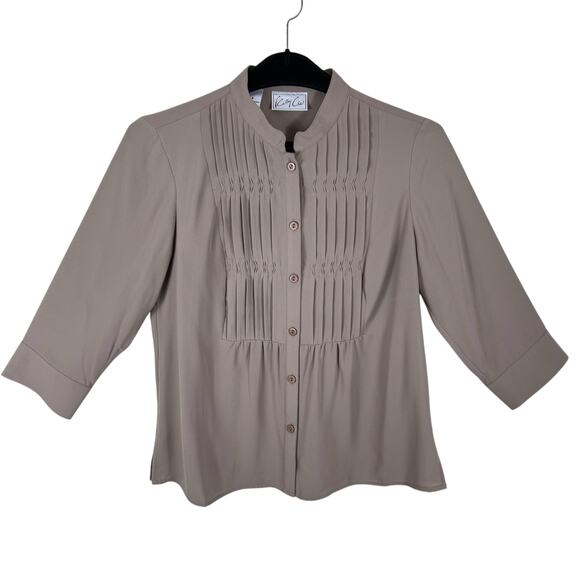 Kathy Che Vintage Tan 3/4 Sleeve Crew Neck Pleated Lightweight Button Up Size S - Picture 1 of 6